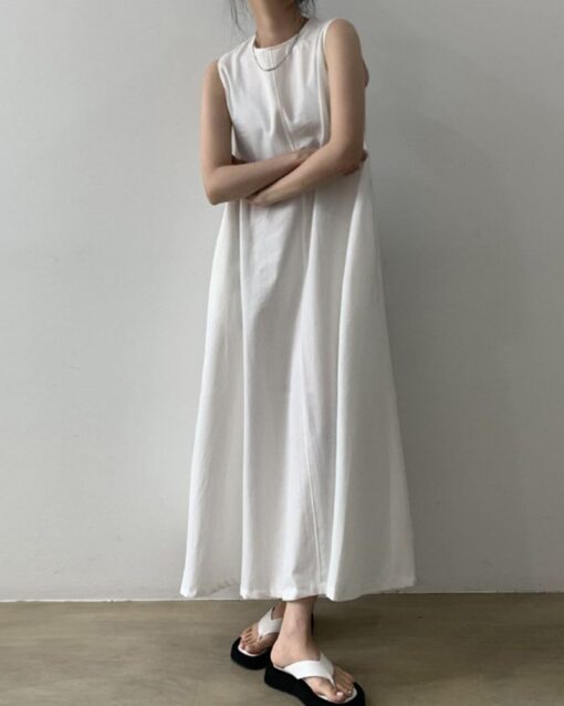 Loose Cotton Linen Dress Long Sleeveless Knee Tank Dress - Image 4