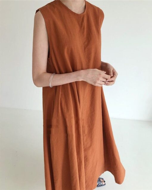 Loose Cotton Linen Dress Long Sleeveless Knee Tank Dress - Image 2