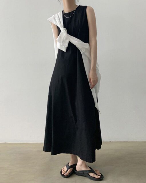 Loose Cotton Linen Dress Long Sleeveless Knee Tank Dress - Image 7