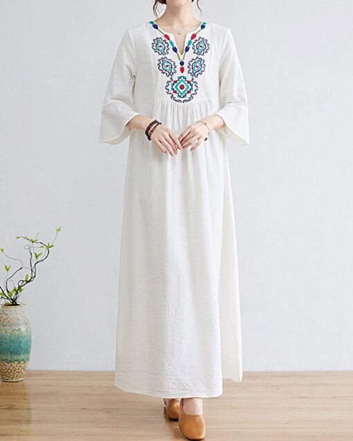 Loose Embroidered Floral Cotton Linen V-Neck 3/4 Sleeve Dress - Image 2