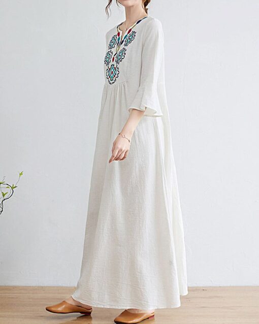 Loose Embroidered Floral Cotton Linen V-Neck 3/4 Sleeve Dress - Image 3