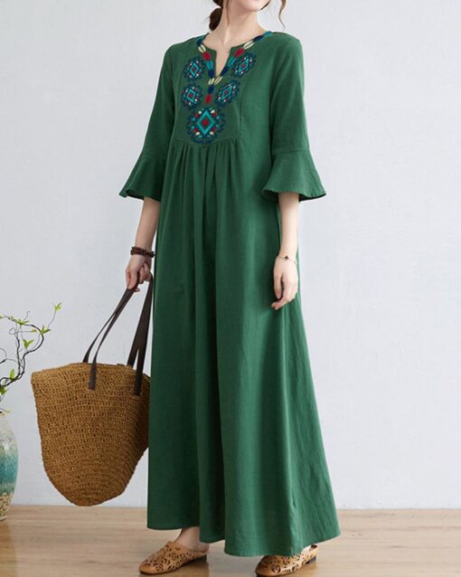 Loose Embroidered Floral Cotton Linen V-Neck 3/4 Sleeve Dress - Image 10