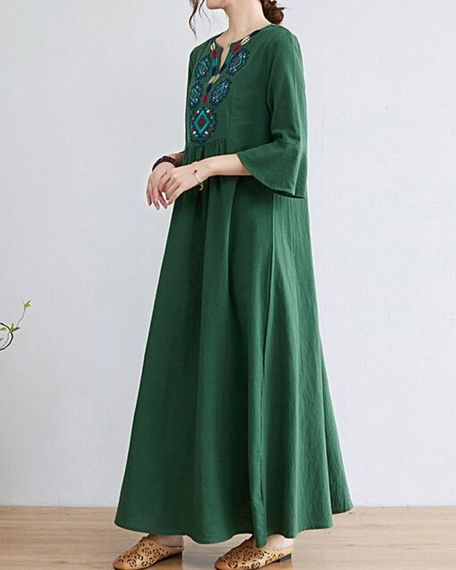 Loose Embroidered Floral Cotton Linen V-Neck 3/4 Sleeve Dress - Image 11