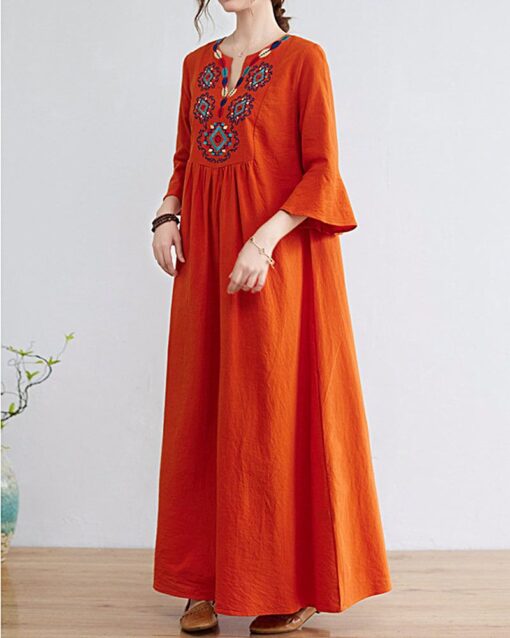 Loose Embroidered Floral Cotton Linen V-Neck 3/4 Sleeve Dress - Image 8