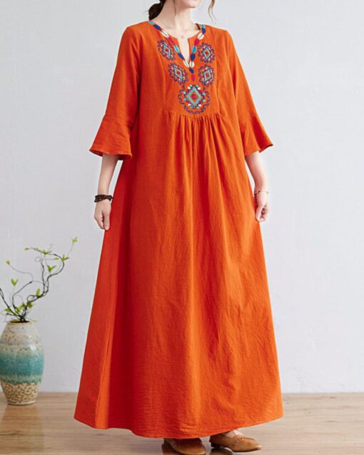 Loose Embroidered Floral Cotton Linen V-Neck 3/4 Sleeve Dress - Image 17