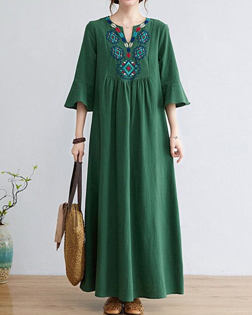 Loose Embroidered Floral Cotton Linen V-Neck 3/4 Sleeve Dress - Image 14