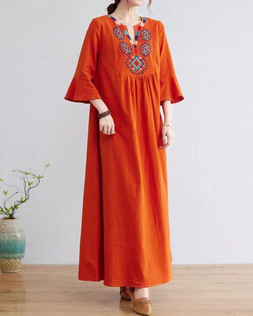 Loose Embroidered Floral Cotton Linen V-Neck 3/4 Sleeve Dress - Image 7