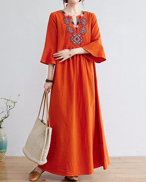 Loose Embroidered Floral Cotton Linen V-Neck 3/4 Sleeve Dress - Image 9