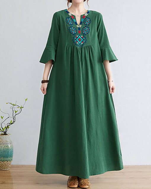 Loose Embroidered Floral Cotton Linen V-Neck 3/4 Sleeve Dress - Image 12