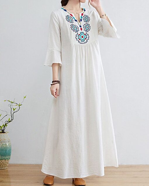 Loose Embroidered Floral Cotton Linen V-Neck 3/4 Sleeve Dress - Image 16