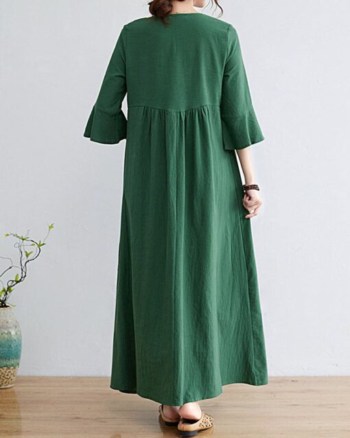 Loose Embroidered Floral Cotton Linen V-Neck 3/4 Sleeve Dress - Image 13