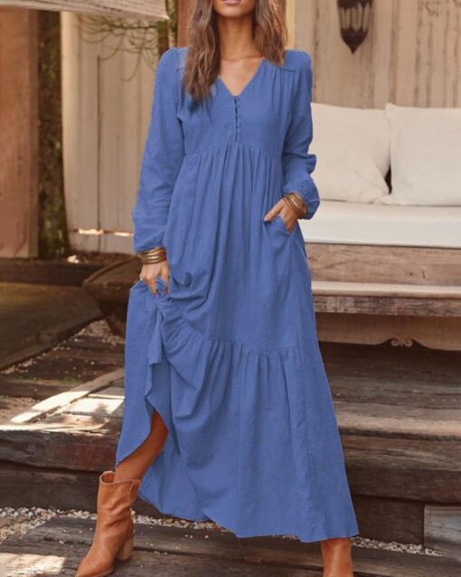 Loose Long Sleeve Dress V Neck Button Beach Sundress - Image 7