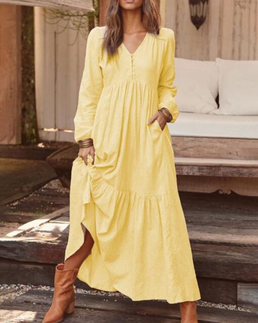 Loose Long Sleeve Dress V Neck Button Beach Sundress - Image 4