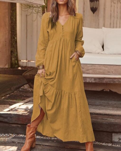 Loose Long Sleeve Dress V Neck Button Beach Sundress - Image 5