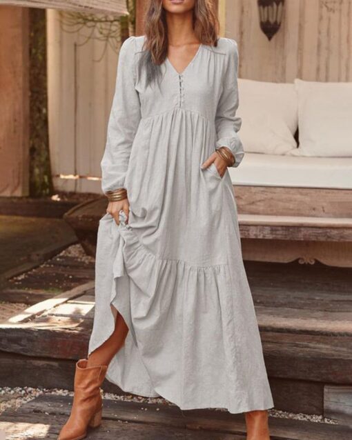 Loose Long Sleeve Dress V Neck Button Beach Sundress - Image 2