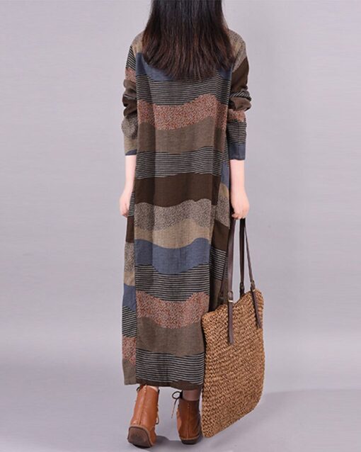 Loose Panel Striped Round Neck Long Sleeve Maxi Dress - Image 7