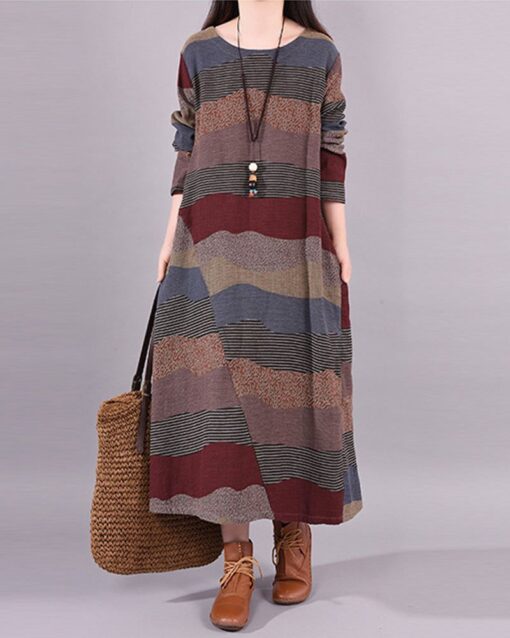 Loose Panel Striped Round Neck Long Sleeve Maxi Dress