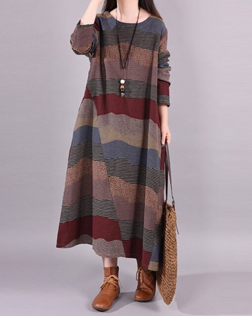 Loose Panel Striped Round Neck Long Sleeve Maxi Dress - Image 2