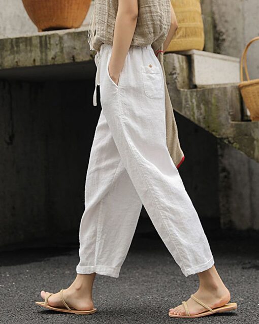 Loose Plain Drawstring High Waist Straight Wide Leg Pants with Pocket - Image 3