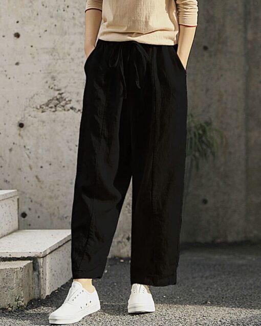 Loose Plain Drawstring High Waist Straight Wide Leg Pants with Pocket - Image 5