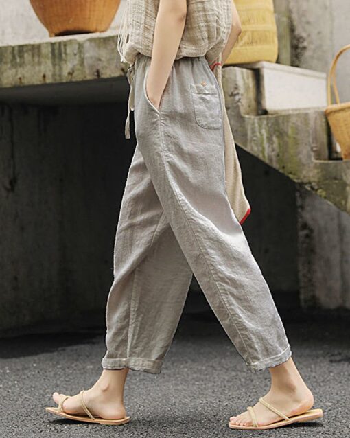 Loose Plain Drawstring High Waist Straight Wide Leg Pants with Pocket - Image 6