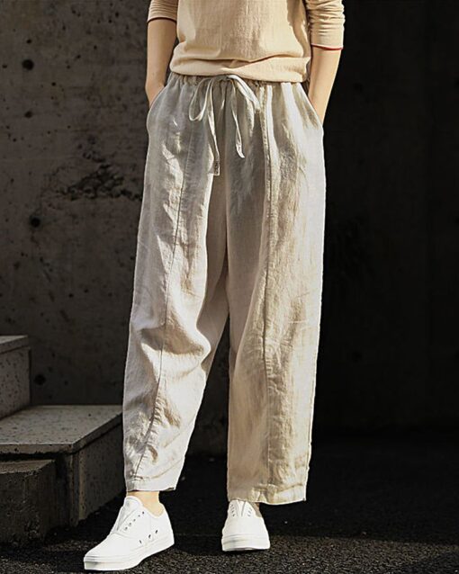 Loose Plain Drawstring High Waist Straight Wide Leg Pants with Pocket - Image 2