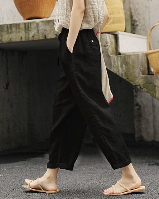 Loose Plain Drawstring High Waist Straight Wide Leg Pants with Pocket - Image 4