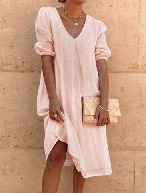 Loose Shirt Dress V-Neck Long Midi Dresses - Image 3