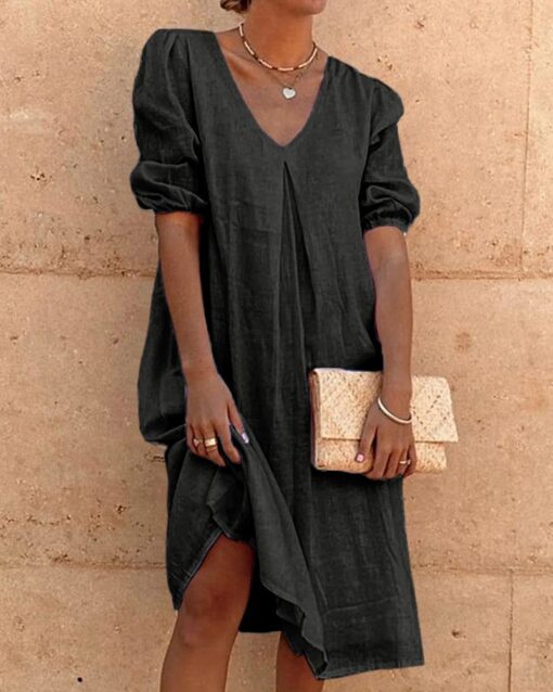 Loose Shirt Dress V-Neck Long Midi Dresses - Image 7