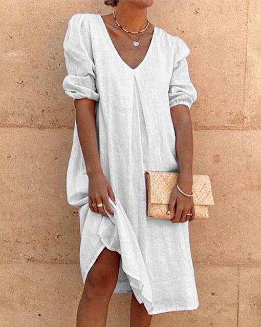 Loose Shirt Dress V-Neck Long Midi Dresses - Image 2