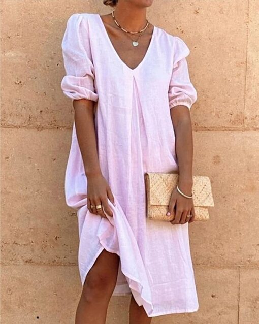 Loose Shirt Dress V-Neck Long Midi Dresses