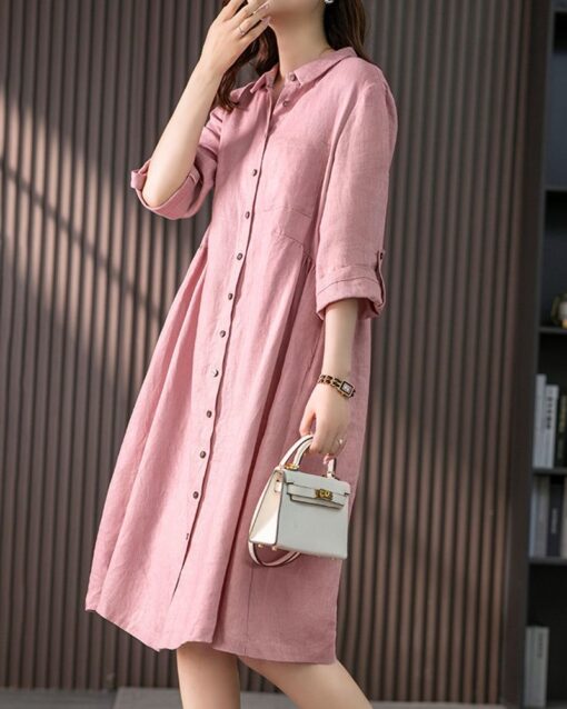 Loose Solid Color Cotton and Linen Three-quarter Sleeve Dress Mid-length Shirt Dress - Image 3