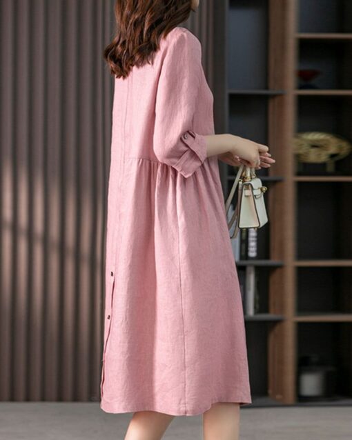 Loose Solid Color Cotton and Linen Three-quarter Sleeve Dress Mid-length Shirt Dress - Image 2