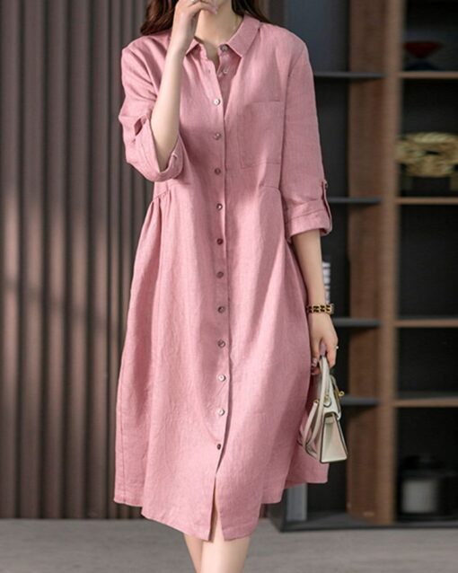 Loose Solid Color Cotton and Linen Three-quarter Sleeve Dress Mid-length Shirt Dress