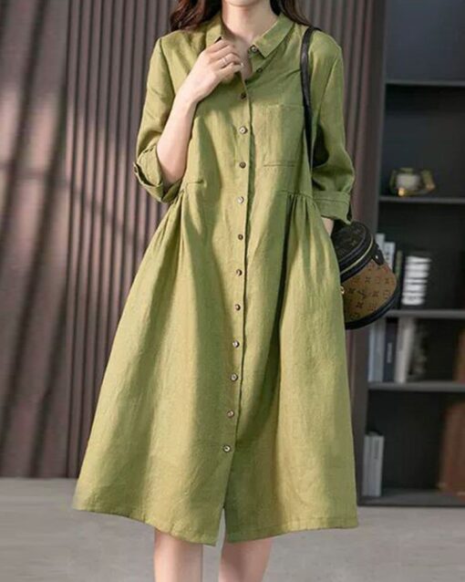 Loose Solid Color Cotton and Linen Three-quarter Sleeve Dress Mid-length Shirt Dress - Image 4