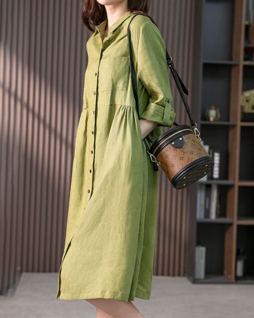 Loose Solid Color Cotton and Linen Three-quarter Sleeve Dress Mid-length Shirt Dress - Image 7