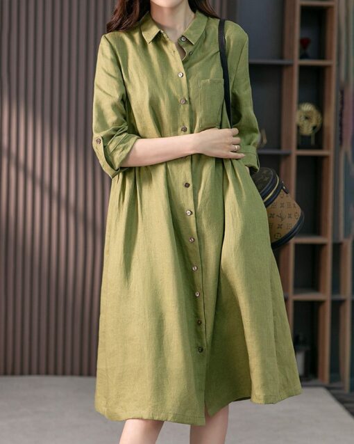 Loose Solid Color Cotton and Linen Three-quarter Sleeve Dress Mid-length Shirt Dress - Image 8