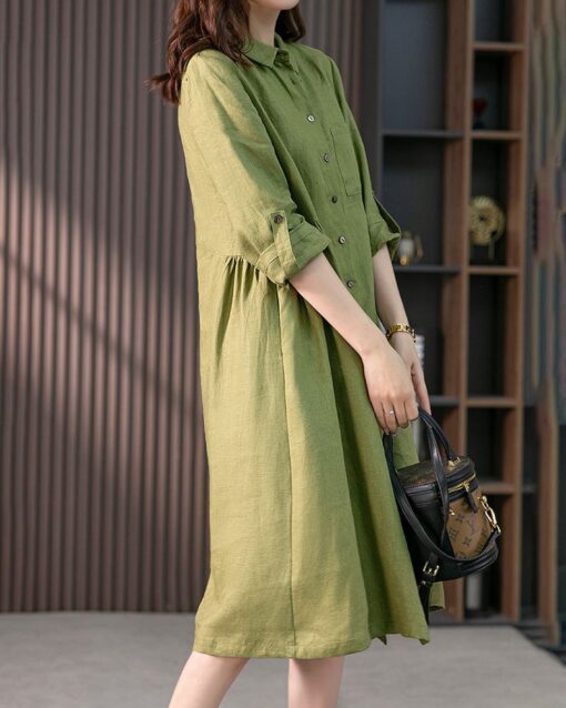 Loose Solid Color Cotton and Linen Three-quarter Sleeve Dress Mid-length Shirt Dress - Image 6