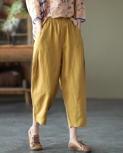 Loose Stitching Solid Color Elastic Waist Cropped Harem Pants - Image 3