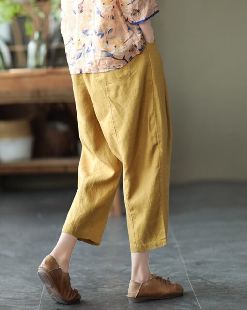 Loose Stitching Solid Color Elastic Waist Cropped Harem Pants - Image 2