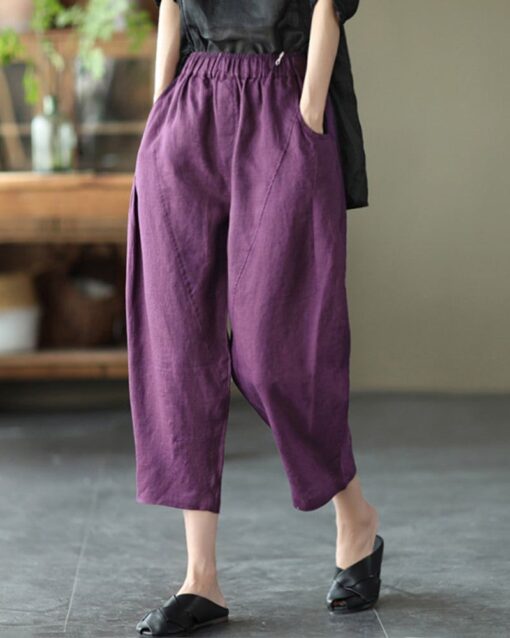 Loose Stitching Solid Color Elastic Waist Cropped Harem Pants - Image 13