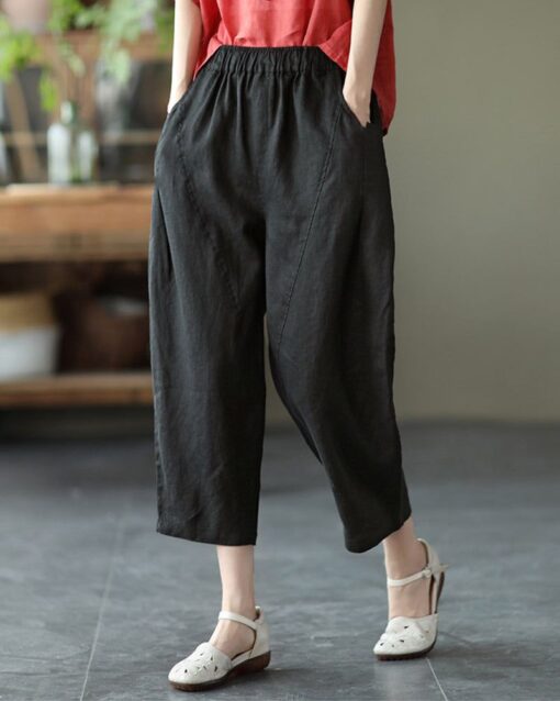 Loose Stitching Solid Color Elastic Waist Cropped Harem Pants - Image 17