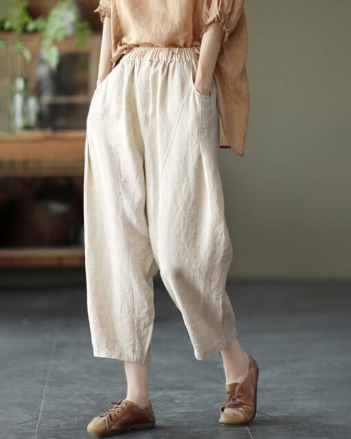 Loose Stitching Solid Color Elastic Waist Cropped Harem Pants - Image 16