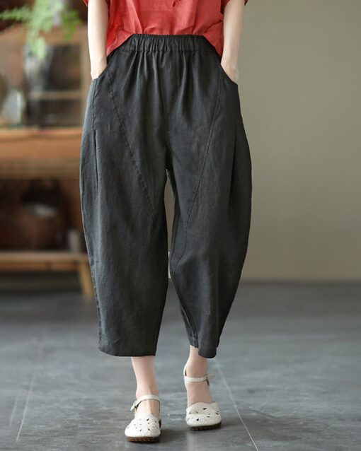 Loose Stitching Solid Color Elastic Waist Cropped Harem Pants - Image 18