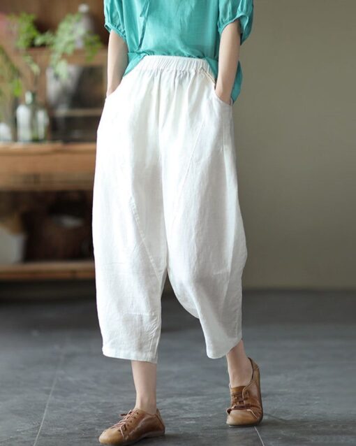 Loose Stitching Solid Color Elastic Waist Cropped Harem Pants - Image 8