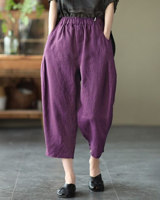 Loose Stitching Solid Color Elastic Waist Cropped Harem Pants - Image 11