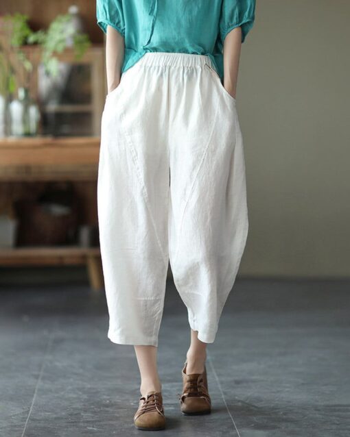 Loose Stitching Solid Color Elastic Waist Cropped Harem Pants - Image 10