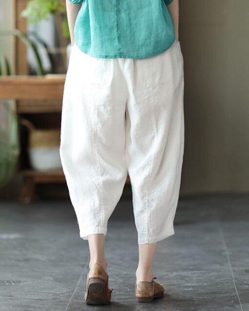 Loose Stitching Solid Color Elastic Waist Cropped Harem Pants - Image 9