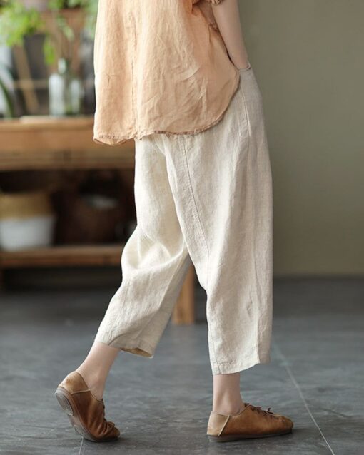 Loose Stitching Solid Color Elastic Waist Cropped Harem Pants - Image 15