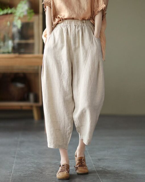 Loose Stitching Solid Color Elastic Waist Cropped Harem Pants - Image 14